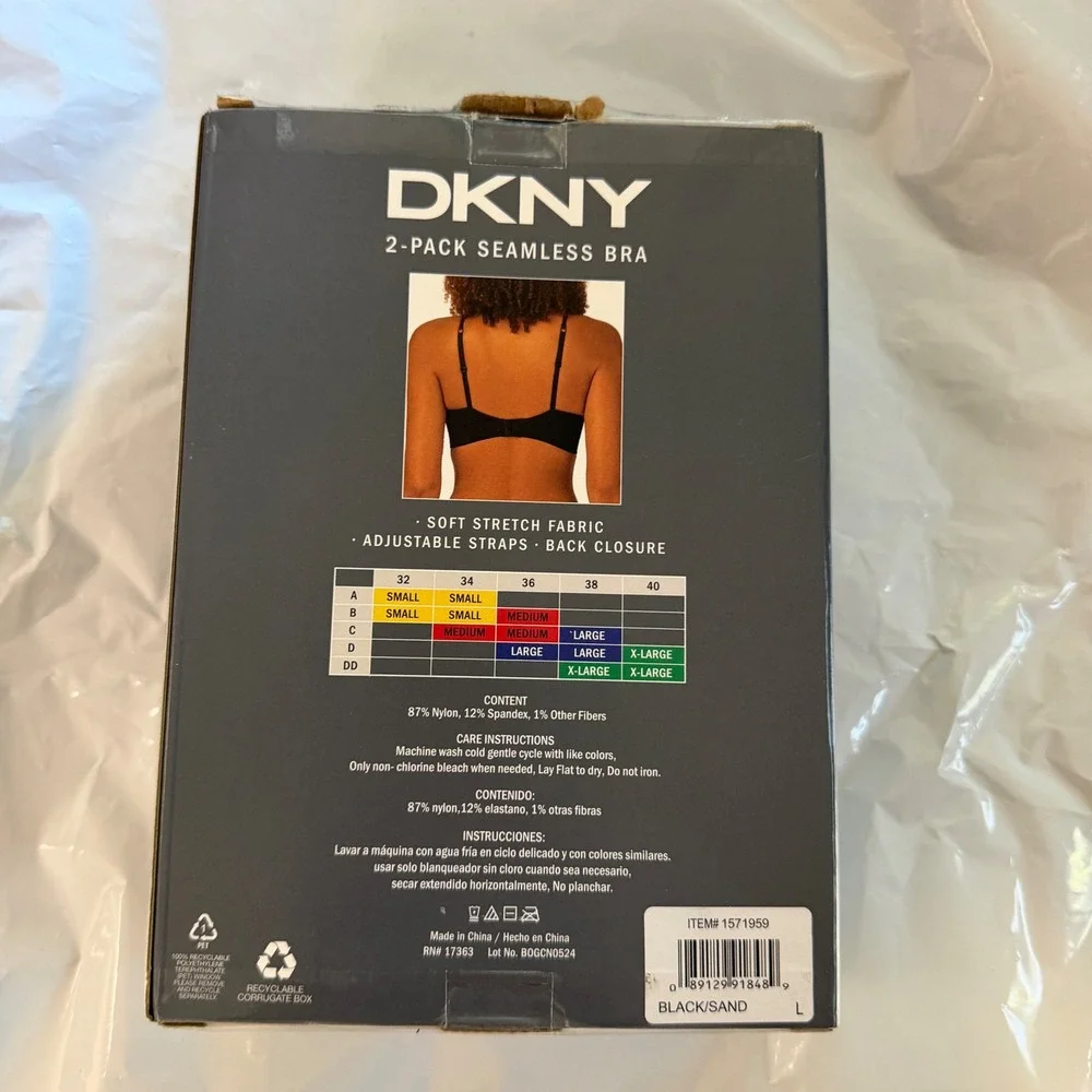DKNY Womens 2-Pack Seamless Bra Black Sand Adjustable Straps 1571959 Large